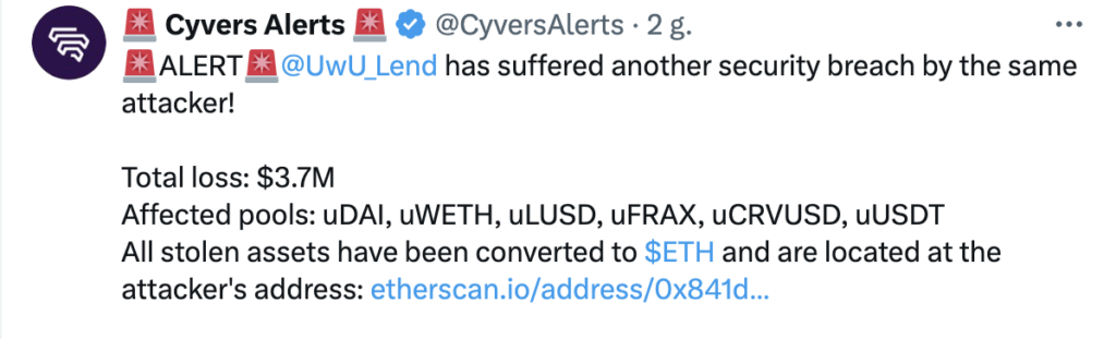 cyvers alerts uwu lend exploit